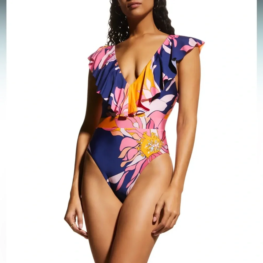 Trina Turk Breeze Ruffle Plunge One-Piece Swimsuit, Retro Multi-Color NWT - Picture 3 of 15